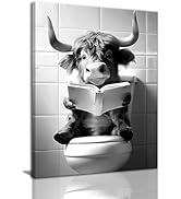 OIQArtOIQ Framed Bathroom Decor Wall Art Funny Highland Cow On Toilet Canvas Painting Prints Blac...