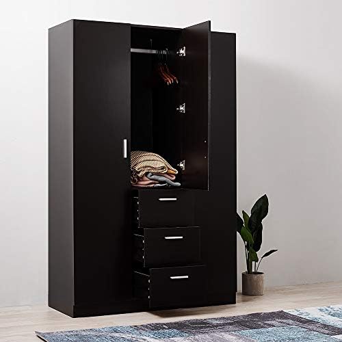 Wooden 3 Door Bedroom Wardrobe with 3 Drawer and Hanging Rail Shelves Modern Large Storage Cupboard Unit (Black)