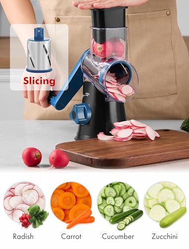 Image of Cheese Grater Rotary, Rotary Grater for Kitchen, Kitchen Vegetable Slicer with 3 Drum Blades, Fast Cutting Cheese Shredder for Vegetables and Nuts