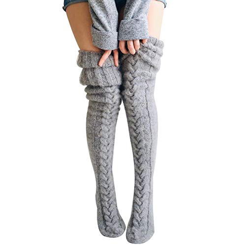Women's Cable Knit Thigh High Boot Socks Extra Long Winter Stockings Leg Warmers (Gray)