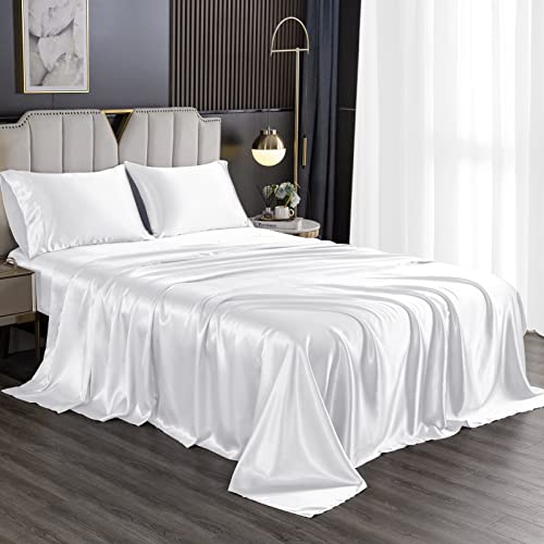 Hengwei King Size Satin Sheets - 4 Pcs Silky Bed Sheet Soft Luxury Satin Sheet, Wrinkle-Free, Stain Resistant Satin Sheet Set With 1 Deep Pocket Fitted Sheet, White #TOP6