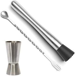 Prettyui - Stainless Steel Cocktail Muddler, Mixing Spoon, Jigger Set, Bar Tool Essentials