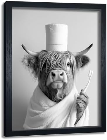 Black and White Highland Cow Bathroom Decor - Framed Bathroom Wall Art Decor, Rustic Western Highland Cow Wood Sign for Washroom Guest Room Farmhouse Decorations