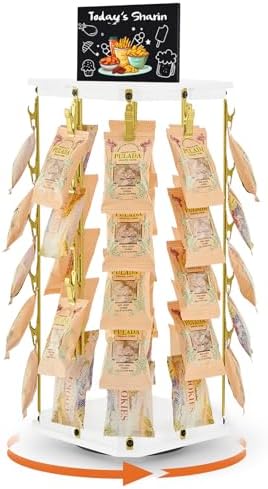 Pinzoveco Chip Rack Display Stand, 5 Tiers 40 Clips Snack Organizer for Office Desk, 360° Rotating Wooden Base Chip Holder Candy Display for Concession Stand, Countertop, Party, With Message Board