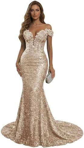 RYANTH Off The Shoulder Sequin Prom Dresses for Women Long Mermai...