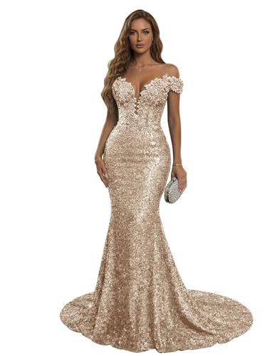 RYANTH Plus Size Sequin Mermaid Prom Dresses Long with Train Champagne Off Shoulder Corset Formal Dress 2026 V Neck Wedding Party Dress with Train 16W