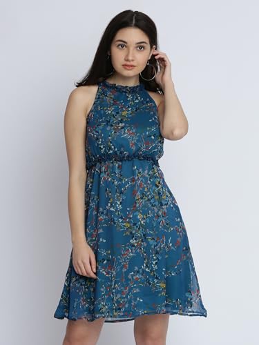 Image of Miss Chase Women's Round Neck Sleeveless Floral Ruffled GatheKnee-Long Skater Dress