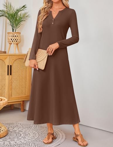 ZESICA Fall Long Sleeve Dressy Casual Maxi Dresses for Women 2025 Elegant Classy V Neck Flowy Tshirt Dress with Pockets4