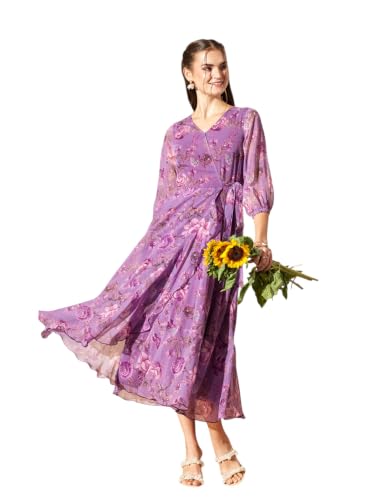 Image of Miss Chase Women's Multicolored Black Floral V-Neck 3 /4 Sleeve Wrap Chiffon Midi Dress