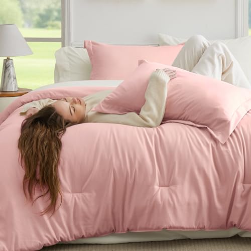 Image of Bedsure Queen Comforter Set - 7 Pieces Pink Queen Bedding Set for All Seasons, Boho Contrasting Design Bed in a Bag with Comforter, Sheets, Pillowcases & Shams