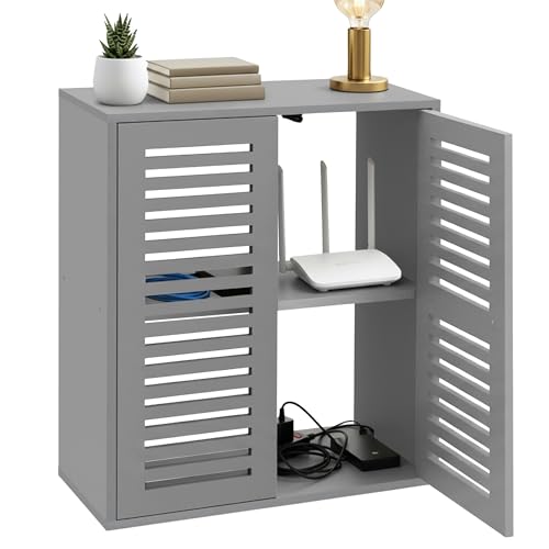 WiFi Router Storage Cabinet, Floor Standing Router Storage Box Modem, Multi-Functional Router Storage Box, Power Strip and Cable Management Hider Organizer for Living Room, Office, Bedroom, Gray