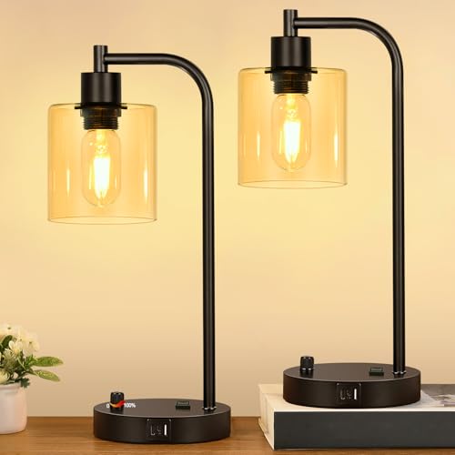 Lynnoland Set of 2 Industrial Table Lamps with 2 USB Port, Black Nightstand Desk Lamps with Amber Glass Shade for Reading Living Room Office 2 LED Bulb