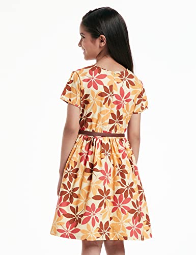 Image of Amazon Brand - Jam & Honey Girl's 100% Soft & Pure Cotton Comfortable and Stylish Printed Woven Dress with Short Sleeves and Belt - Perfect for Every Occasion
