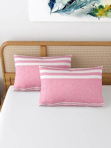 Image of 180 TC Pillow Cover Set of 2 | Pillow Cover Cotton 100% | Pillow Cover Set of 2 King Size | Wrinkle Free & Fade Resistance | Striped Pattern | Standard Size | All Season Use (Rose Pink)