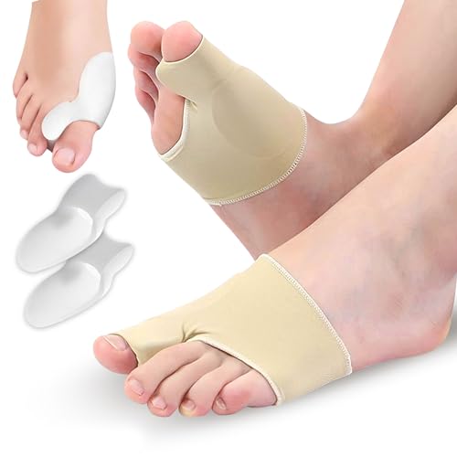 Pack 4 Corrector de Juanetes con Almohadilla para el Dedo Gordo, 2 de Tela + Silicona y 2 de Silicona - Correctores de Juanetes para el Día y Nocturno - Protector de Juanete para Hombre y Mujer