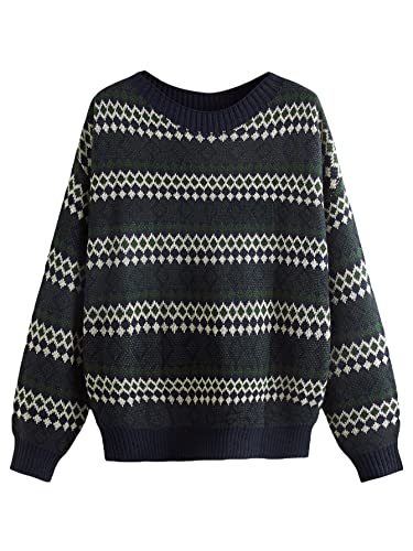 Makemechic Women's Plus Size Argyle Print Long Sleeve Vintage Pullover Sweater Multi2 1Xl #TOP5