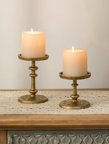 NUPTIO Gold Candle Holders for Pillar: Antique Brass Cast Iron Candleholder for 3 Inch Pillars -Heavy Metal Candle Stand for Christmas Party Table Decor