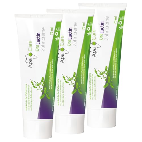 ApaCare OraLactin Zahncreme 3×75 ml Zahnpasta mit Hydroxylapatit (flüssiger Zahnschmelz) Fluorid & probiotischen Inhaltsstoffen für Remineralisierung Pflege empfindlicher Zähne ohne Titandioxid