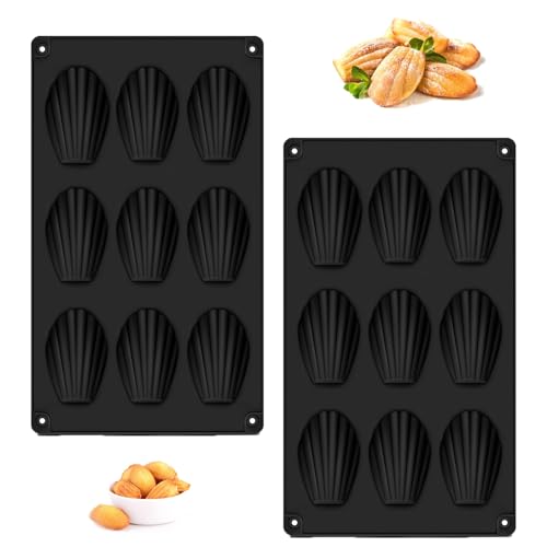 2 Pezzi Stampi per Madeleines in Silicone,Nero Madeleines in Silicone, 9 Fori Stampi per Madeleines in Silicone, Madeleines in Silicone per Cioccolato, Madeleine, biscotti, Torte, Brownies