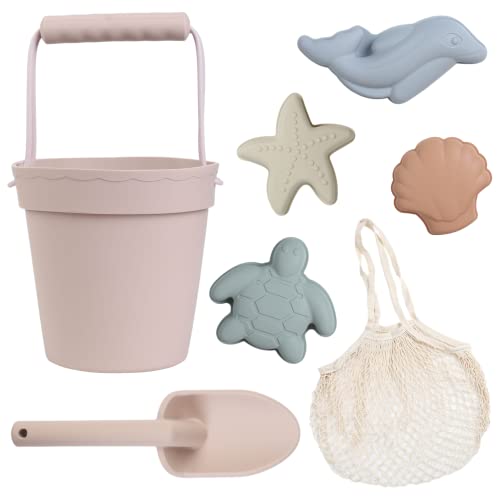 Image of BLUE GINKGO Modern Baby Toys | Travel Friendly Beach Set | Silicone Bucket, Shovel, 4 Sand Molds, Bag | Sand Toys for Toddlers, Kids - 7pc (Pale Pink)