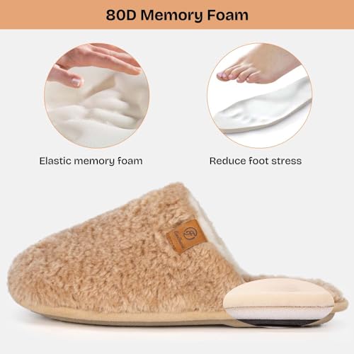 EverFoams Women's Slippers Cosy Fuzzy Faux Alpine Shearling House Shoes Ladies' Memory Foam Slip-ons with Lightweight Non-slip Sole Sand, 7-8 UK - Image 3