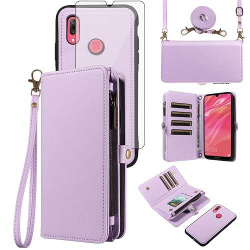 Coque Huawei Y7 2019 clapet magnétique violet en cuir Asuwish avec chaîne bandoulière amovible