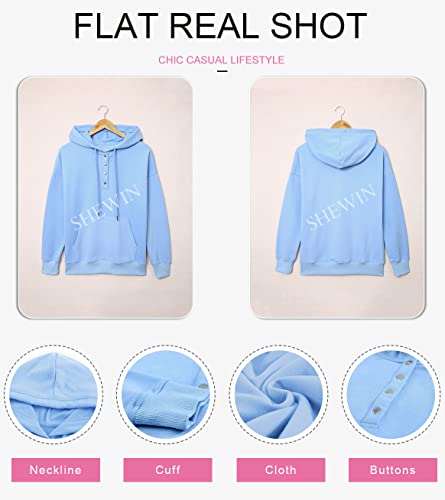 Shewin Womens Casual Hoodies Long Sleeve Drawstring Lightweight Solid Hooded Oversized Sweatshirts Button Loose Pullover Tops Fall Clothes With Pocket,Us 16-18(Xl),Sky Blue #TOP4