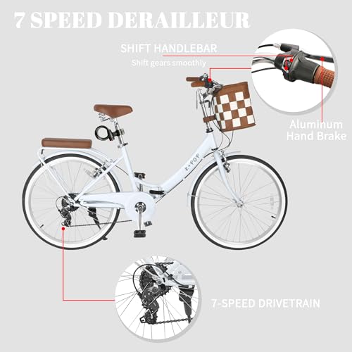 Bggfnz 26 Inch Foldable Beach Cruiser Bike Womens Bicycle, 7 Speed Bikes For Women, Commuter Bicycle For Adult With Basket, Dual V-Brake Complete Cruiser Bikes thumb #2