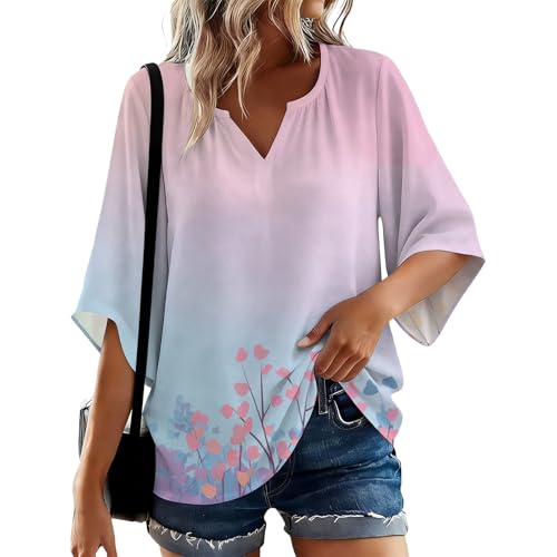 domirica Summer Casual Blouse for Women V Neck Tunic Top Gradient Color Pink Floral Loose Fit Short Sleeve Shirt Lightweight Breathable Tops Dressy Casual Work Fashion Plus Size Tee Shirts 2XL