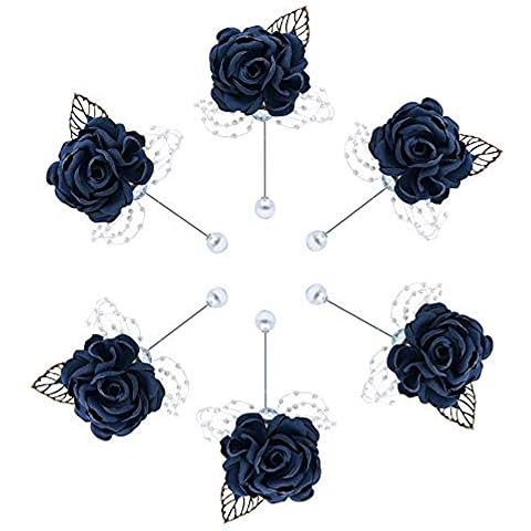 Buery 6 Pieces/lot Wedding Boutonniere Handmade Rose Boutonniere Corsage with Pin, Lapel Pin Rose Wedding Boutonniere for Wedding Prom Party Decor (Rhinestone Dark Blue) Cover