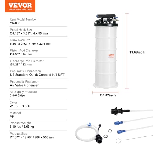 Image of VEVOR 6.5L Pneumatic /Manual Oil Extractor Pump, Fluid Extractor Pump | Fluid Change Tool for Automotive Fluids Vacuum Evacuation, Oil Change, with Dipstick and Suction Hose, All-in-One Kit, White