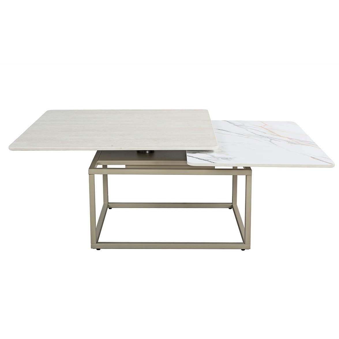 Meubletmoi Table Basse rotative 2 Plateaux en céramique Blanche Effet marbré et Beige Effet travertin avec piètement métal Beige – Design Moderne et ingénieux – THYLA