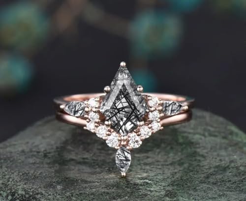 Vintage kite cut black rutilated quartz engagement ring set marquise cut ring 14k rose gold unique diamond promise anniversary ring set womens ring2