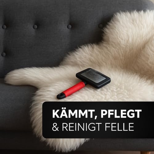 Lammfellbürste für Lammfelle und Schaffelle, Universal-Pflegebürste mit Softgriff, Hundebürste Langhaar, Fellbürste für Haustiere, Hunde Bürste und Katzenbürste Langhaar Kurzhaarbürste, schwarz/rot