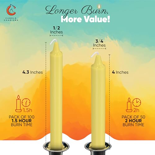 Candle Charisma 100 Yellow Spell Candles - 4" Unscented Paraffin Chime Candles, Smokeless & Dripless, Colored Candles, 1.5 Hours Burn Time 0.4" Thick Taper Candles for Rituals, Witchcraft & Parties
