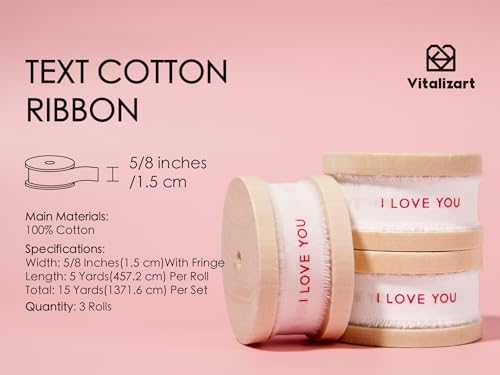 Vitalizart Wstążka bawełniana "I Love You" 1,6 cm, naturalne ręcznie robione frędzle 13,7 metra (3 rolki x 4,6 metra) na pakowanie prezentów, rzemiosło, bukiety kwiatów, dekorację, prezent na wyznanie