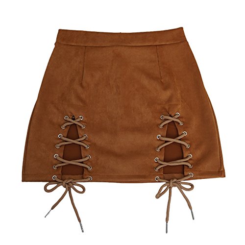 Meyeeka Women Solid Criss Cross Fuax Suede Hollow Out Stretch Mini Skirt Khaki S #TOP1