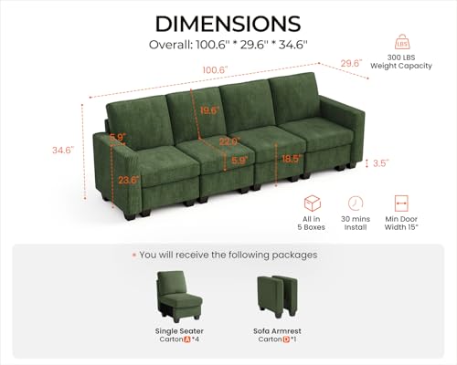 Image of CHIC HOUSE Modular Sectional Sofa with Storage Ottomans, Corduroy Cloud Couch for Small Spaces & Apartments, Reconfigurable L /U Shaped Convertible Corner Sofa, Beige, 5 Seater Sectional