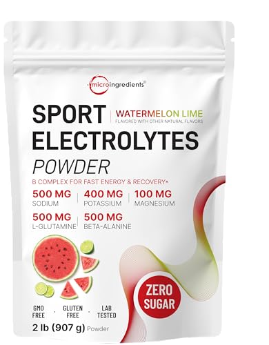 Micro Ingredients Electrolytes Powder 2 lbs | 90 Servings | Sugar Free Workout Hydration | Potassium Sodium L-Glutamine Beta-Alanine & More | Watermelon Lime Flavor | Non-GMO Gluten Free