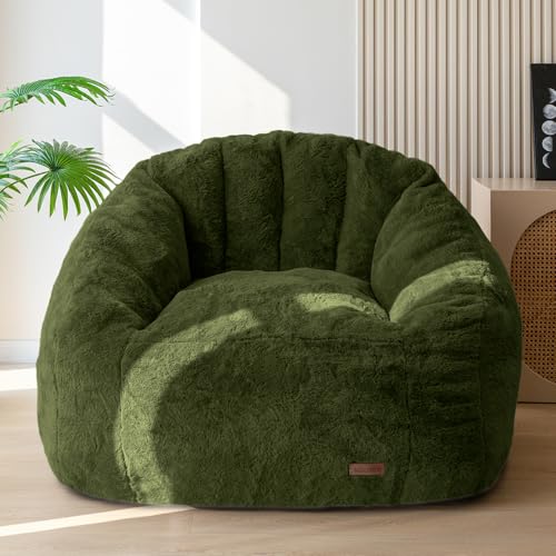 Image of MAXYOYO Giant Bean Bag Chair, Oversized Bean Bag Couch for Adults and Kids, Faux Fur Shell-Shaped Large Chair with Filler, Stuffed Big Accent Sofa Floor Sofa for Gaming, Reading, Green