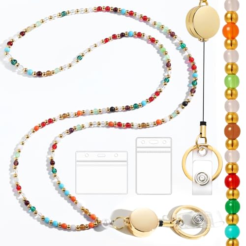 Toykee Lanyards with ID Badges Holder for Teachers Keys - Colorful Beaded Card Holders for Women Necklace Breakaway Lanyard with Holder for Name Tag Cruise Ship