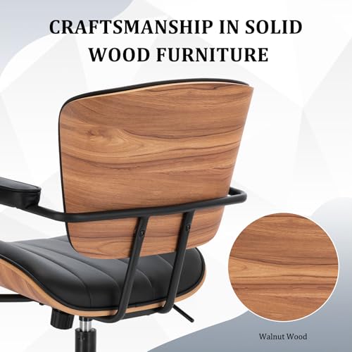 Image of Mid Century Modern Office Chair, Fixed Back Rolling Desk Chair with Armrests and Walnut Back, Adjustable Height for Home Office, Black