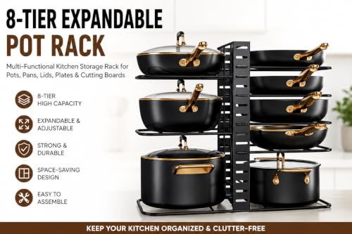 Image of 8-Tier Pots and Pans Organiser Rack for Cabinet, Adjustable Black8-Tier Pots and Pans Organizer Rack for Cabinet, Heavy Duty Adjustable Cookware Storage Holder for Pots, Pans