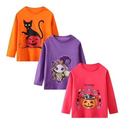 Image of Girl Long Sleeve Shirts Christams Tops Tees Cotton Casual Stripe Crewneck Graphic Jersey Tunic T-Shirts 3 Packs Sets