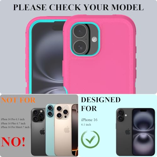 MMHUO Designed for iPhone 16 Case,3 Layers Military Grade Full Body Protection,[Without Screen Protector][Dustproof Port Protection] Shockproof Rugged Non Slip Hard Cover for iPhone 16,Rose/Green by MMHUO - Image 8