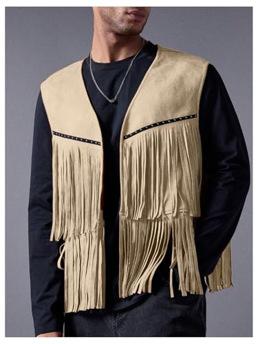 Image of OYOANGLE Men's Casual Suede Top Shirt Boho Fringe Trim Open Front Sleeveless Vest Jacket Waistcoat