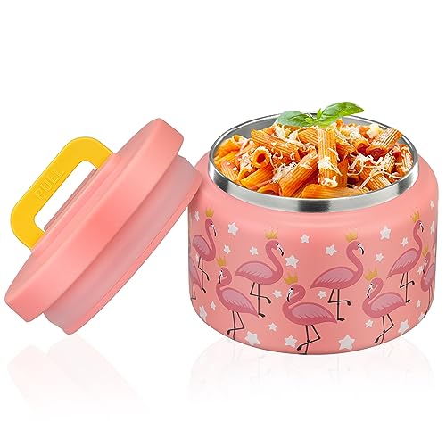 Image of PIQUEBAR 8oz Kids Thermo for Hot Food,Small Lunch Thermo Food Container Stainless Steel,Easy Open Wide Mouth Thermo for Hot Cold Food for Preschool Travel (Pink Flamingos)