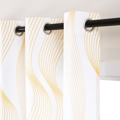 L.Z.E White and Gold Wave Privacy Curtains 84 Inch 2 Panels Non-See-Through Light Filtering Semi Sheer for Dining Room Bedroom Grommet Top Elegant Modern Printed Window Drapes