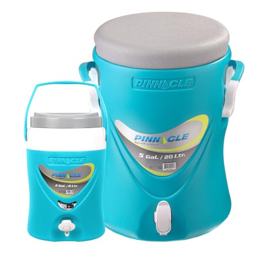 5-Gallon Water Jug and 2-Gallon Gallon Water Bottle Set – Insulated Beverage Cooler Dispenser with Pull Tap Spout – Leakproof and Portable Sports Water Jug – Ideal for Camping, Outdoor, Party, Sports