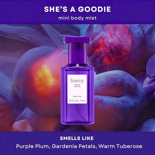 Image of Fine'ry Plum Floral Mini Hair + Body Mist Fragrance Spray for Women & Girls - She's a Goodie Fruity Purple Plum, Gardenia Petals, Warm Tuberose​, Travel Size, Gift for Teens, Vegan (2.5 Fl Oz)
